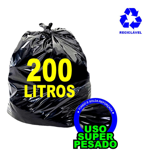 Sacos De Lixo 200 L Super Grosso Kit C/ 20 Un Preto