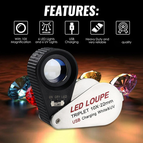 Lupa Jewelers 10x Con Luces Uv Y Led, Recargable 10x Lo