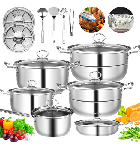 Juego Bateria De Cocina Acero Inoxi Ollas Sarten Humeantes