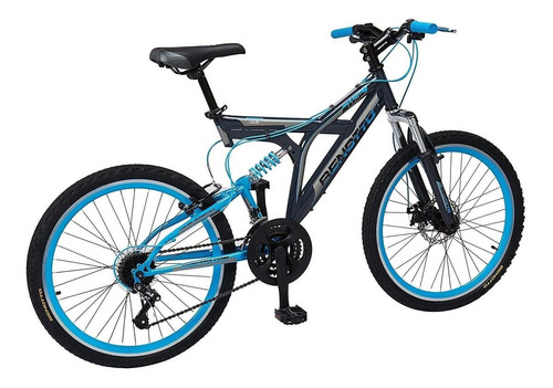 Mountain bike masculina Benotto Montaña Rush R24 Único 21v freno v-brakes cambios Sunrace color gris oscuro/azul con pie de apoyo