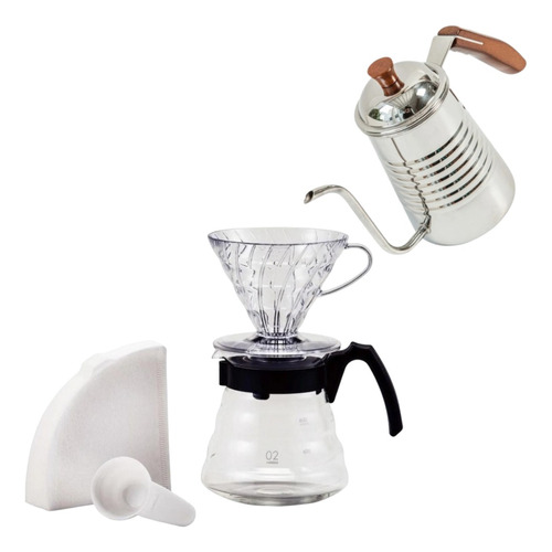 Kit Barista Cafeteira Hario V60-02 + Chaleira Inox Bico Fino