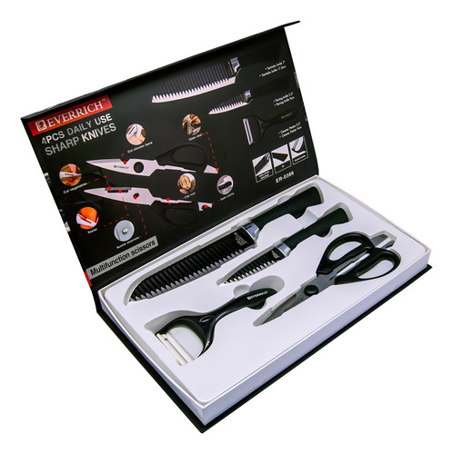 Good & Good set de utensilios negros de cocina 4 piezas cuchillos tijeras y pelador de acero inoxidable y polipropileno