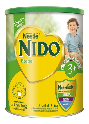 Leche de fórmula en polvo sin TACC Nestlé Nido 3+ Protectus en lata de 1 de 1.6kg - 3  a 5 años