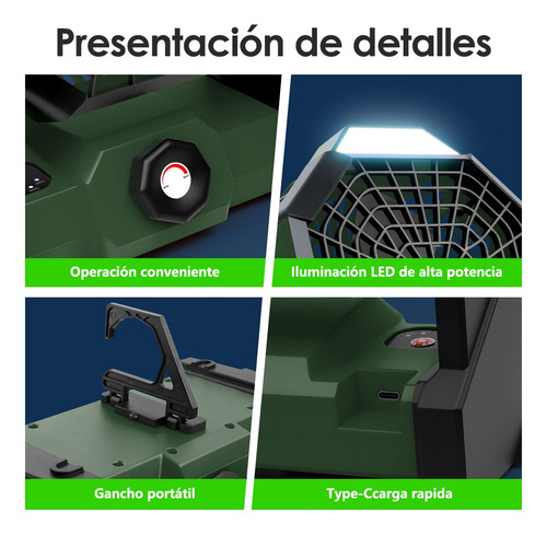 Ventilador De Camping Recargable Portátil Con Luz Led