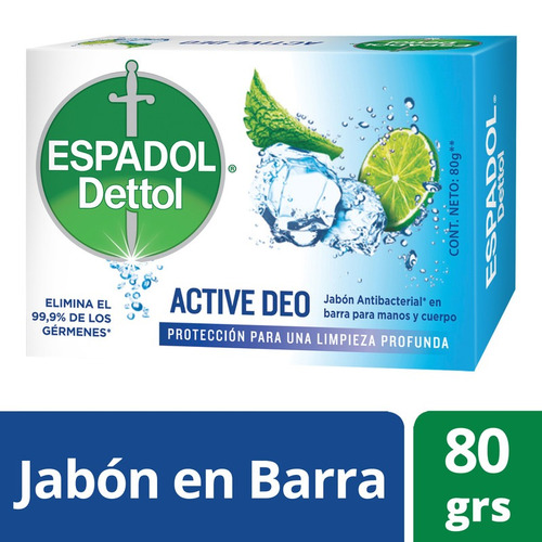 Jabón Antibacterial Espadol Dettol Active Deo 80 Gramos