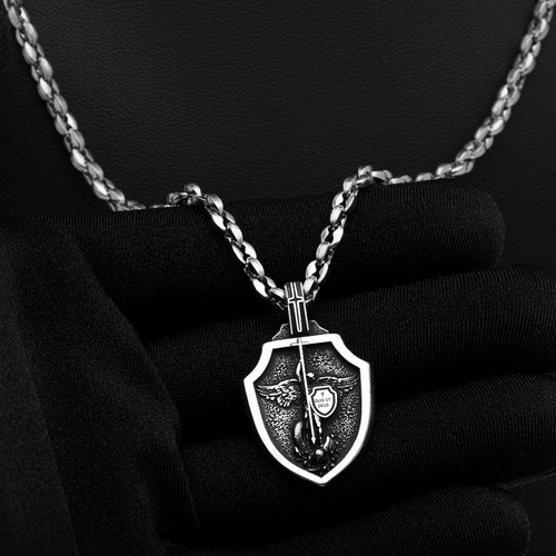 Corrente Colar Pingente Arcanjo Miguel J-1430 Aço Inox Prata