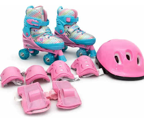 Roller Patins Infantil Rosa 4 Rodas + Kit Proteção Adulto 32 Ao 35 Ajustável Rosa/azul Celeste
