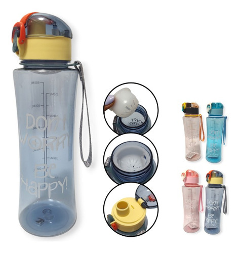 Botella Agua Plástico Filtro Varios Colores Deportiva Sport