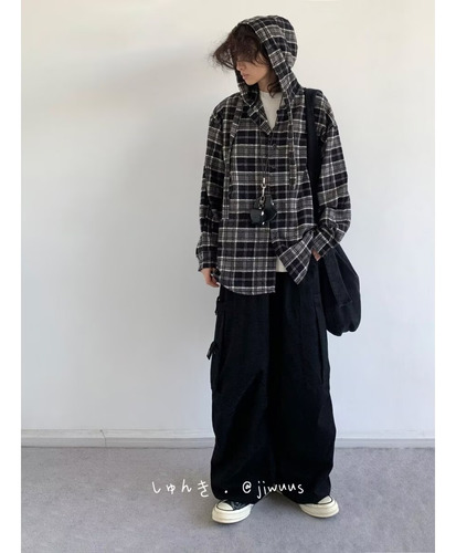 Camisa Casual De Manga Larga A Cuadros Con Capucha Negra