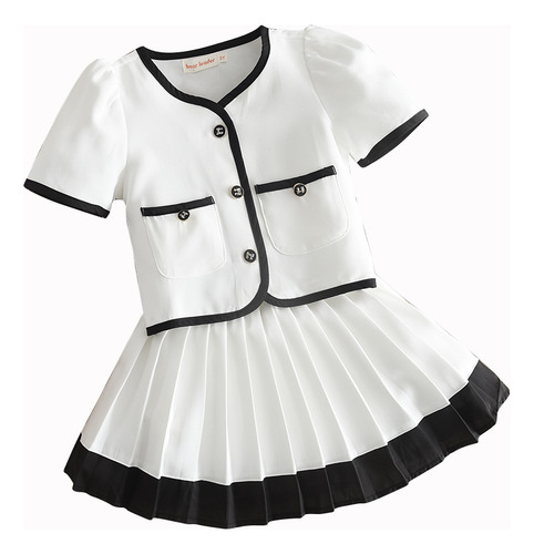 Conjunto De Camiseta De Manga Corta Con Borde Negro Y Falda