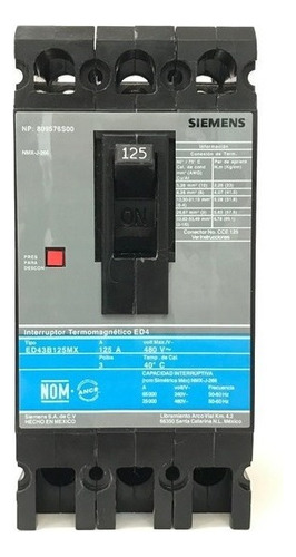 Interruptor Caja Moldeada 3p 125 Amp 600v Siemens Ed63b125mx