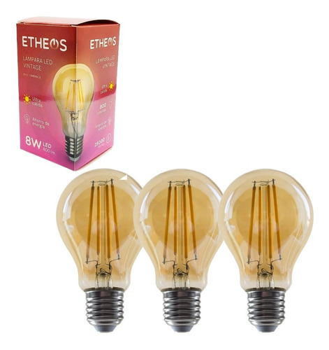 Imagen 1 de 6 de Lámparas X 3 Vintage 8w Led Filamento Ultra Cálida Ambar