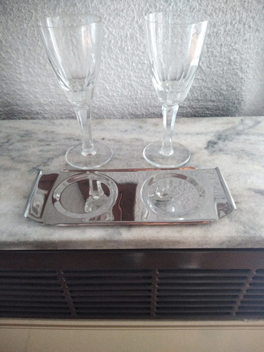 Imagen 2 de 3 de 2 Copas Cristal Vino Licores + Bandeja Acero Inoxidable /