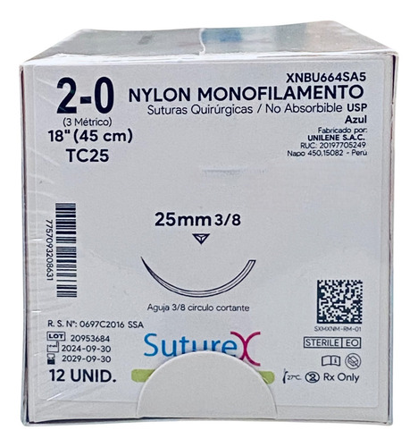 Sutura Nylon 2-0 Cortante 3/8 De 25mm Caja/12 Pz Suturex