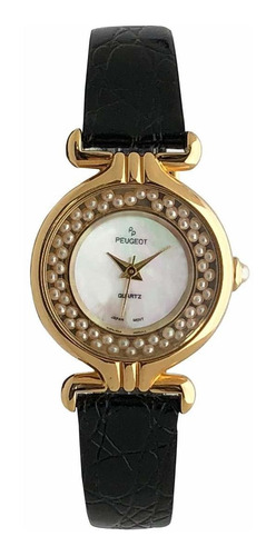 Reloj Mujer Peugeot 511bk Cuarzo 25mm Pulso Negro En Cuero