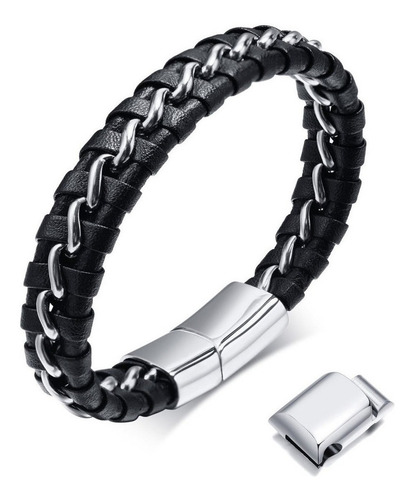 Pulsera De Hombre De Cuero Y Acero Inoxidable Ajustable