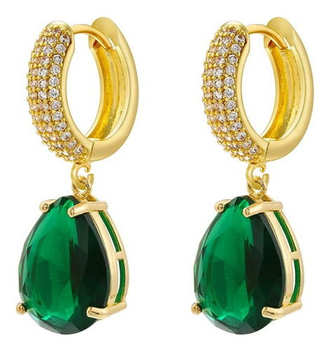 Aros Gota Baño Oro 18k Brillo Strass Verde Ingles Fiesta
