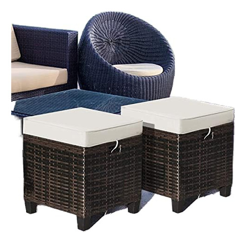 2-piece Rattan Patio Ottoman, All Weather Wicker Ottoma...