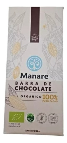 Barra Chocolate Orgánico Manare 100% Cacao 100gr Onlynatural