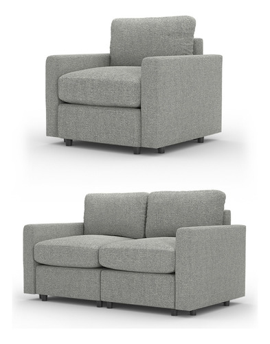 Juego Sala Modular Modisofa Loveseat + Sillón 3 Cuerpos Gris Claro Liso