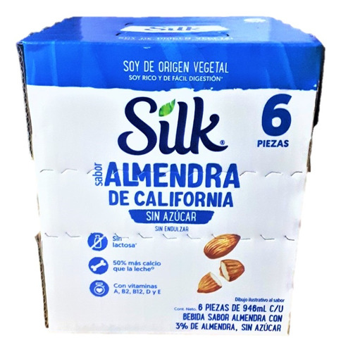 Silk Almendra De California Sin Azúcar 6 Pzas 946ml C/u