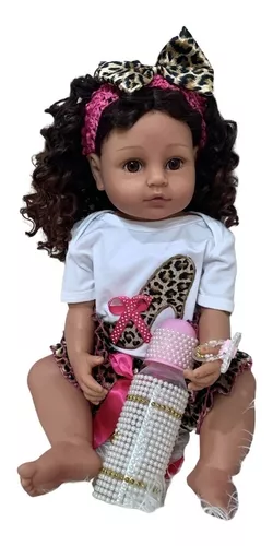 Boneca Bebê tipo Reborn morena cabelos cacheados