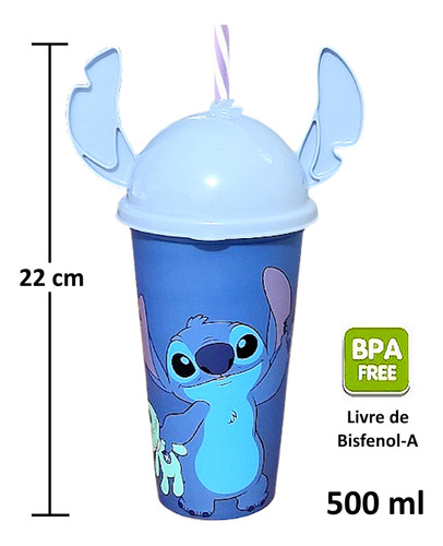 2 Copos Stitch Estampado Com Orelhas 500ml Infantil Original