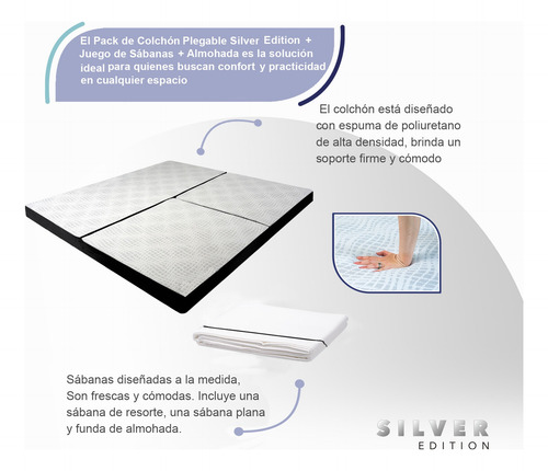 Colchón King Plegable Silver Edition + Sábanas + Almohadas Blanco