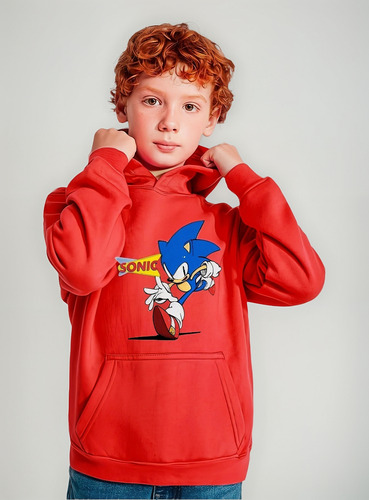 Poleron Con Capucha Y Bolsillos Niño Sonic Y Su Logo Volando