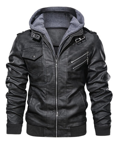 Jaqueta Masculina De Couro Com Zíper Slim Fit