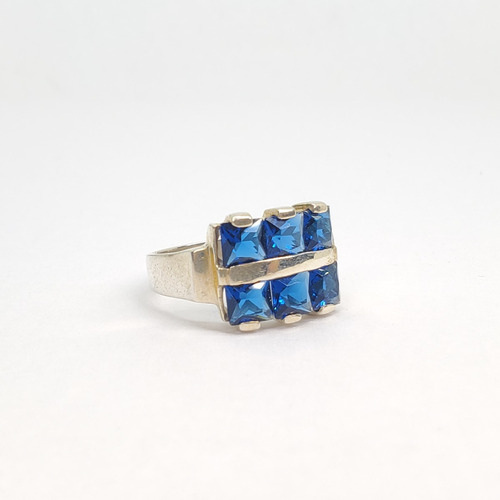 Imagen 5 de 10 de Anillo Plata Con 6 Piedras Cuadradas Azul