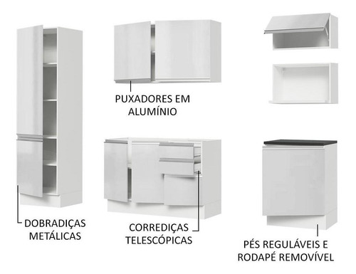 Armário de Cozinha Completa Modulada com Balcão para Cooktop Mdf Acordes Madesa 240001 Branco Brilho