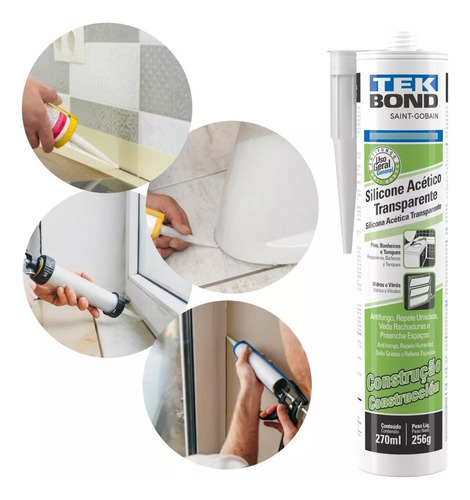Cola ADESIVO DE SILICONE ACÉTICO CONSTRUÇÃO USO GERAL Tekbond Repele Umidade Veda Rachaduras de 256g - Transparente