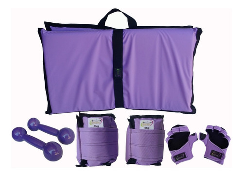 Kit Tornozeleira 5kg + Colchonete + Halteres 2kg +luva Lilás