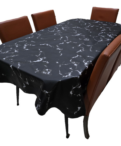 Mantel Mesa Rectangular 1.4x3.5 Impermeable Cuerina Afelpada Mármol Negro