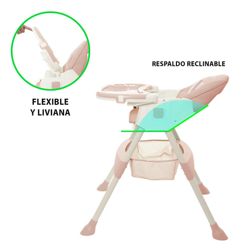 Silla Alta Periquera Bebe KIDDOS Mecedora 5 en 1 Ajustable Plegable Bandeja Extraíble Color Rosa