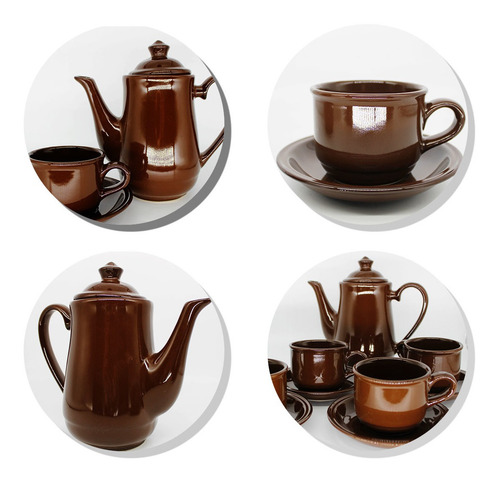 Imagem 6 de 7 de Jogo De Cha Em Ceramica Marrom Cafe 12pçs Com Bule Pires