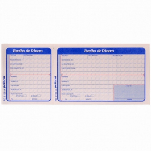 Recibo De Dinero Pcform 1/3 Carta  Blanco C/azul 50 Hojas