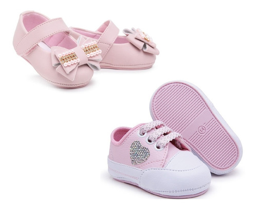 Kit 2 Pares Sapatinho De Bebê + Tênis Feminino Menina Rosa 