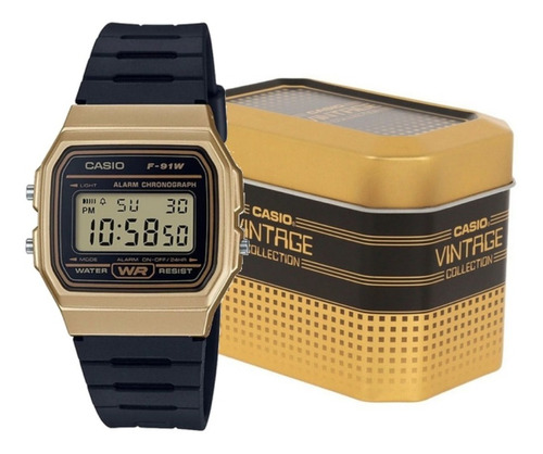 Reloj Hombre Casio F91w Dorado Retro Vintage Estuche Metal