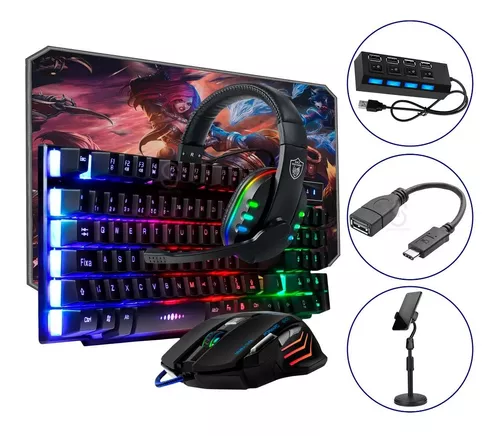 Mouse de Jogo 2400DPI Teclado Gamer Semi Mecânico Caixa de Som PC