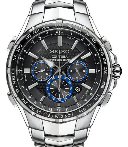 Reloj cronógrafo solar Seiko World Time Sapphire Ssg009, color de la correa: plata, color del bisel, color negro, color de fondo negro