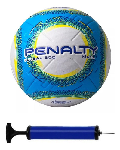 Bola Futsal Penalty Matis 500 Termotec + Bomba De Ar Cor Branco/amarelo/azul