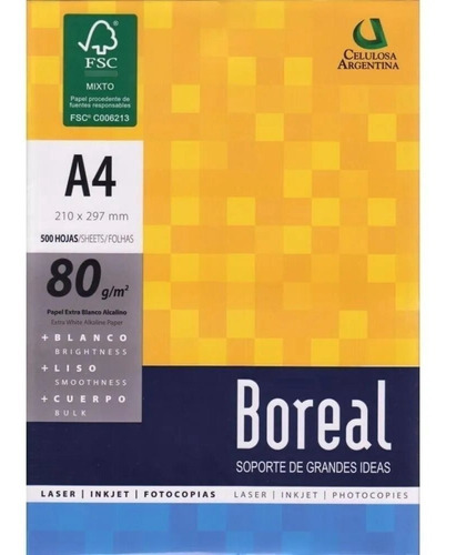 Resma Papel A4 Boreal 80 Grs Extra Blanco Alcalino X 500 Hjs