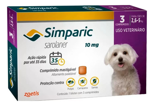 02 Antipulgas Simparic 10mg - Cães 2,6 A 5kg 3 Comprimidos