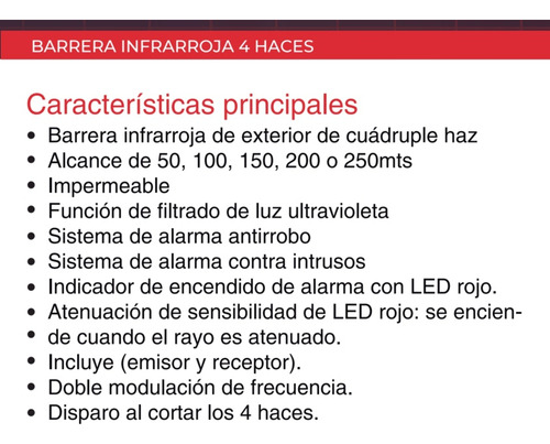 Barrera Infrarroja Exterior 50 Metros Cuatro Haces Alarma
