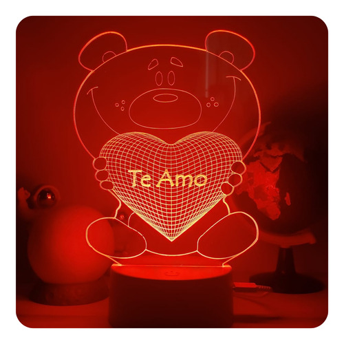 Luminária Led 3d 16 Cores Presente Namorados Coração Urso