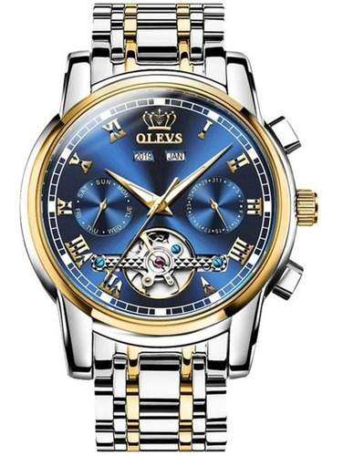 Reloj automático Olevs para hombre, caja suiza, correa plateada y azul, color plateado y dorado, bisel dorado