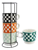 Comprar Set X 4 Tazas Cerámica Juego De Tazas Con Soporte Metálico
