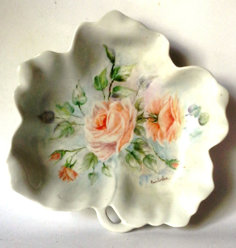Pasapalera Porcelana Limoges Forma Hoja Pintado Mano Flores